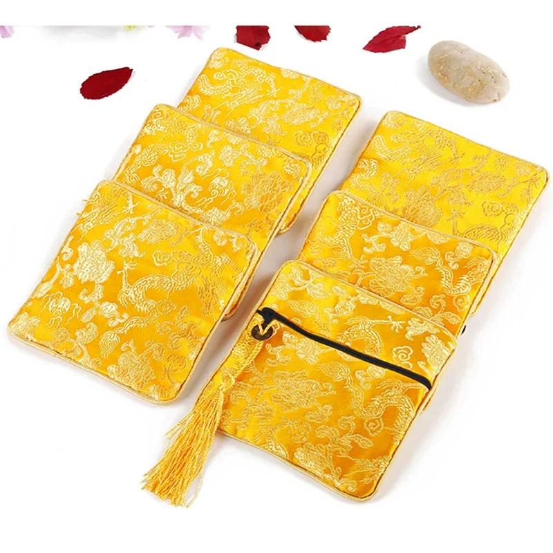 Chinese Brocade Jewelry Bag Handmade Silk Embroidery Padded Small Zipper Tassel Jewelry Organizer Storage Pouch Satin Gift Bag