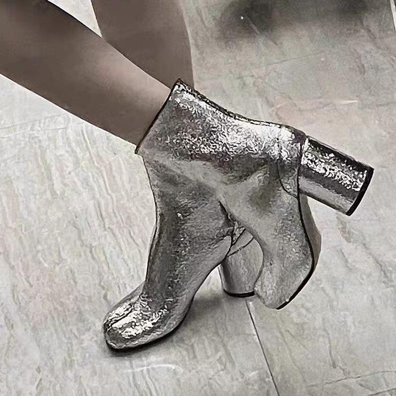 2026 Autumn Winter Soft Leather Split Toe Tabi Women Ankle Boots Zip Thick High Heels Chelsea Chunky Shoes Short Booties