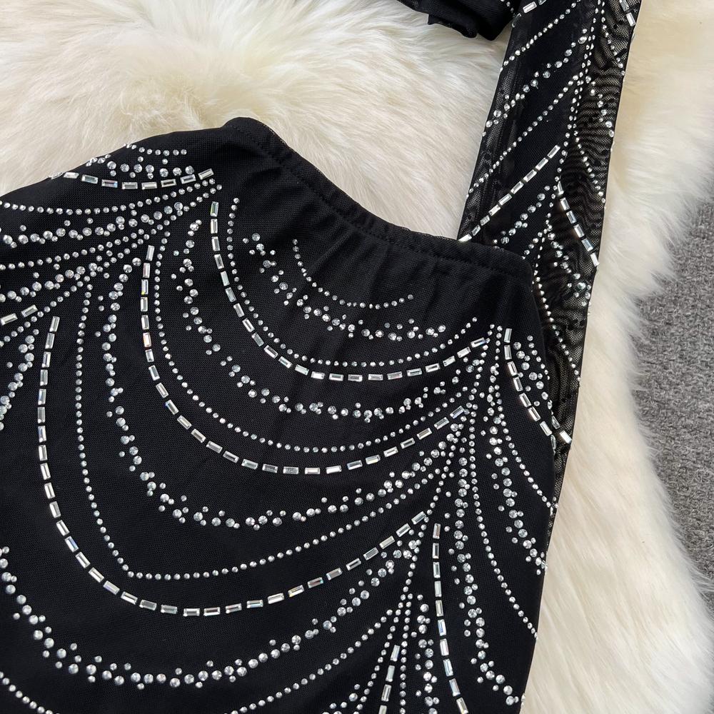 Fashion Suit, Fashion Long-sleeved Stand-up Collar, Slim-fitting Diamond-encrusted Short Top, Two-piece Set, High-waisted Fishtail Skirt.