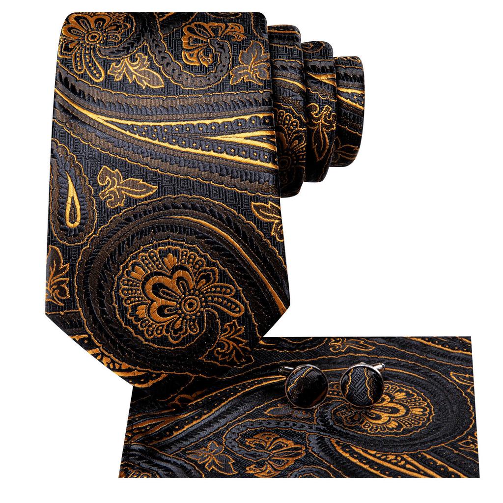 Hi-Tie Dunkelgoldenes Paisleymuster, Jacquard-Krawatte aus Seide für Herren, klassische Krawatte, Manschettenknöpfe, Taschentuch-Set
