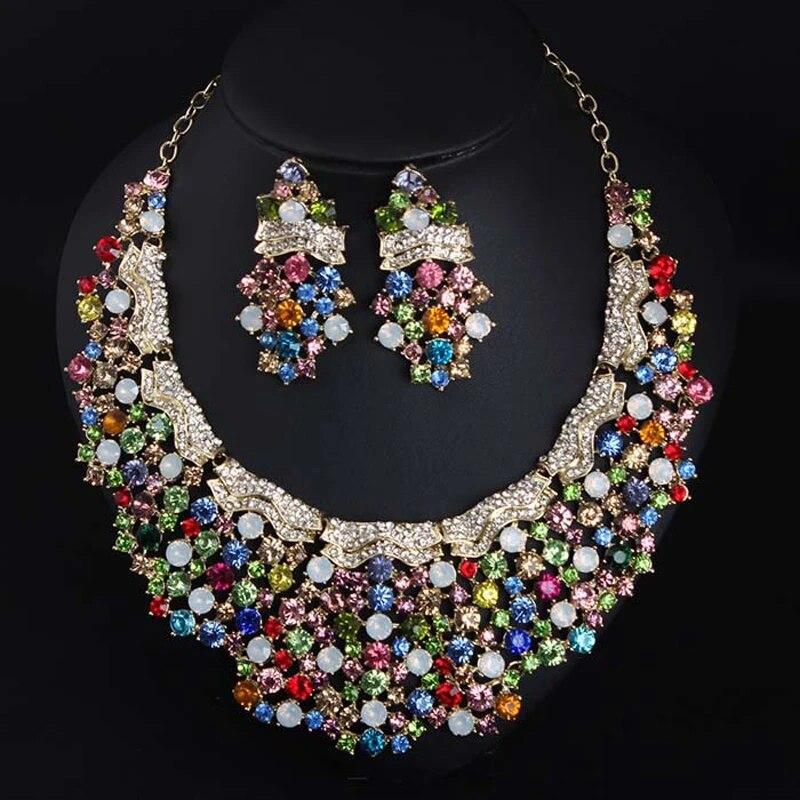 

Нигерийские африканские красочные хрустальные колье со стразами для женщин, эффектное свадебное ожерелье, серьги, комплекты ювелирных изделий, свадебная вечеринка