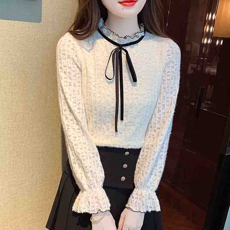 Fashion New 2024 Autumn Winter Long Sleeve Lace Up Ruffled Collar Apricot Velvet Lace Blouse Shirt Women Tops Blouses Shirts J760