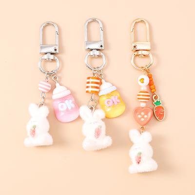 Cute Animal Plush Rabbit Keychain Nursing Bottle Key Ring Pendants for Women Girls Handbag Decor DIY Kid's Jewelry Gift