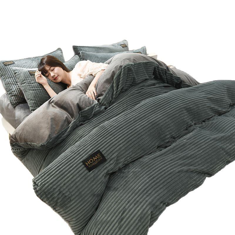 Dickes Winter-Korallenfleece-Bettdecken- und Bettlaken-Set - 4-teilige Samt-Bettwäschekollektion