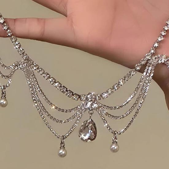 Sparkling Rhinestone Choker, Faux Diamond Drop Pendant Necklace, Multi-Layered Rhinestone Chain Choker with Faux Pearl Charms for Women Cocktail