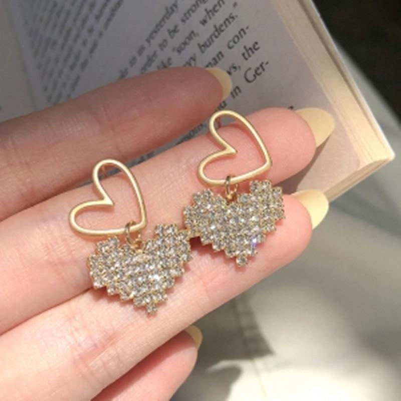 2025 New Shiny Love Heart Full of Rhinestone Crystal Earrings for Women Fashion Simple Metal Heart Shape Earrings Jewelry