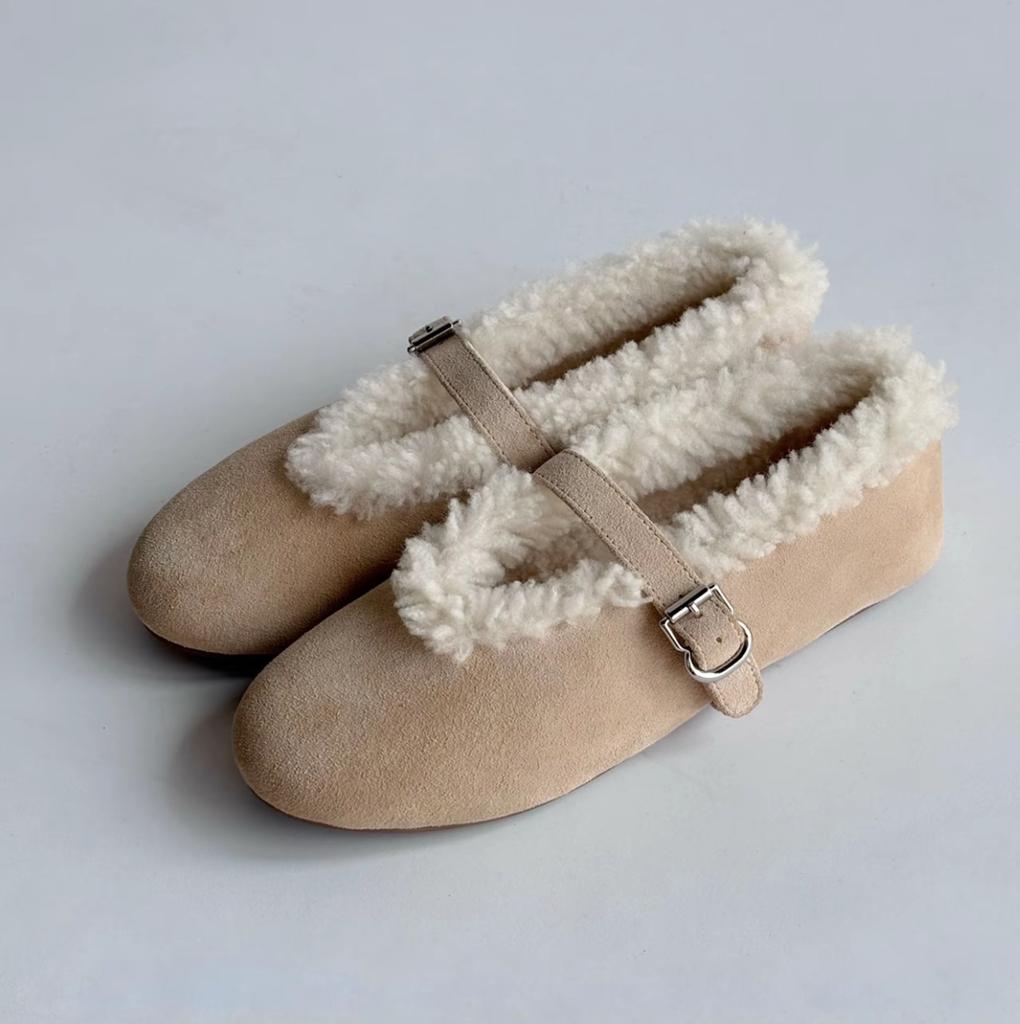 Wool Mary Janes Women Flats Heels Lambs Fur Shoes Ladies Belt Buckle Furry Ballerines Cozy Warm Loafers Female