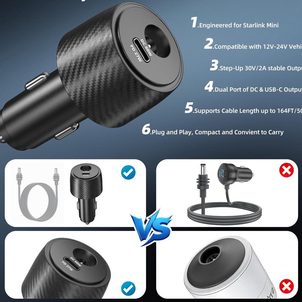 Car Charger Adapter 1 in 1 Multifunctional for Starlink Mini Cigarette Lighter Adapter 11V DC USB C 9V 1A PD Converter