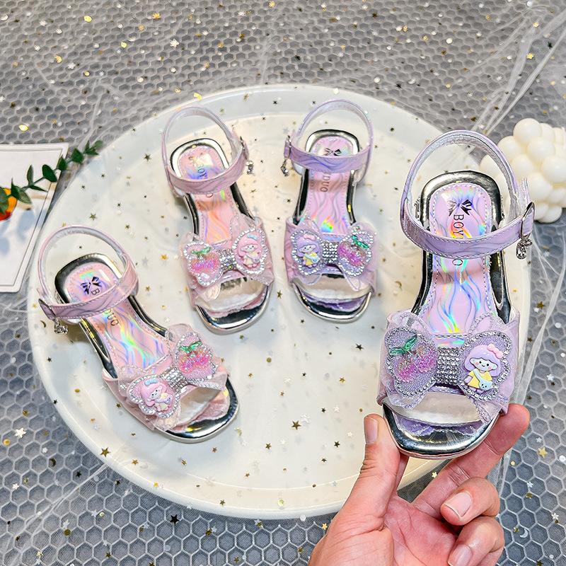 Girls Cartoon Sandals 2025 Summer New Children's Korean Version Bow Rhinestone Princess Shoes Breathable Beach Shoes