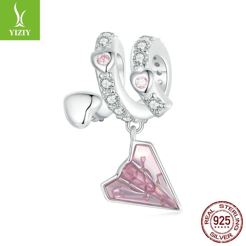 Pink Paper Plane Love Letter Diy Bracelet Beaded, Romantic Valentine'S Day S925 Silver Pendant Jewelry Accessories