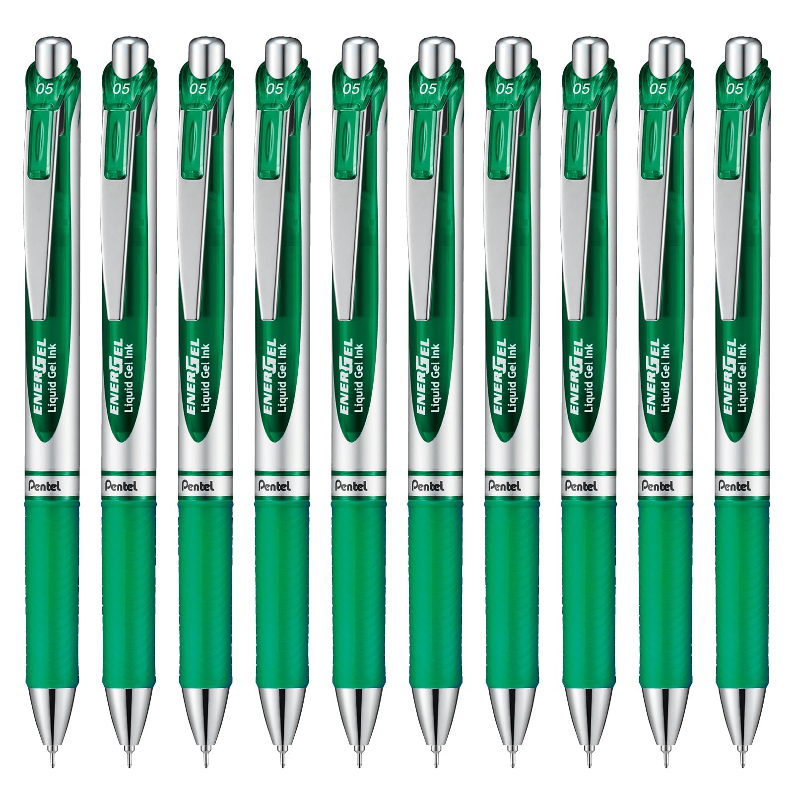Pentel EnerGel Гелевая шариковая ручка Серебряная 10 ручек Ручка, Выдвижная, 0,5 мм, Корпус, Зеленый, зелёный