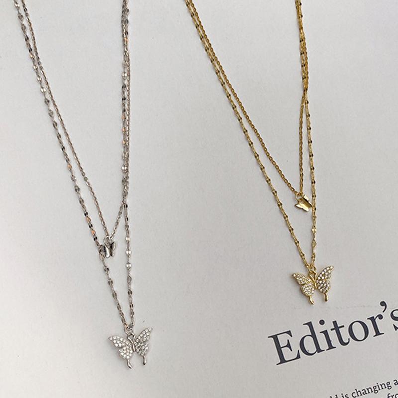 925 Sterling Silver Flash Diamond Butterfly Double Necklace for Women Simple Design Crystal Elegant Wedding Jewelry Gifts