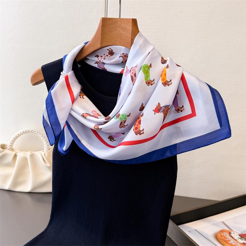 Silk Square Scarf Women Luxury Dog Print Kerchief Soft Satin Hairband Hands Bag Ribbon Foulard Hijab Neckerchief Headband Ladies
