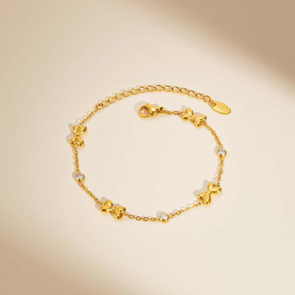 Exquisite Zircon Bowknot Stainless Steel Bracelet 18K Gold Plated Wrist Chain Fashion Party Waterproof Jewelry for Women Girl