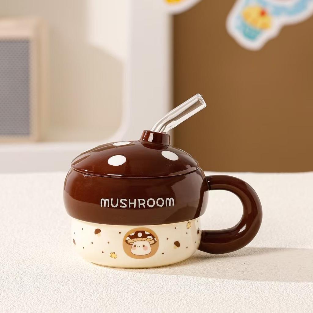 Cute Mushroom Ceramic Straw Cup, High-value Souvenir, Mug for Girlfriends, Couples, Water Cup with Lid