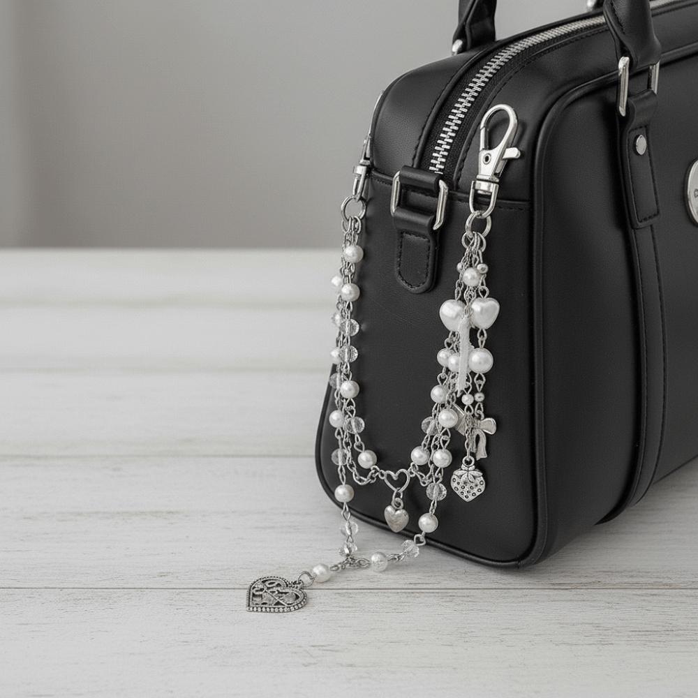 Sweet Acrylic Bag Chain Heart Beaded Keychain Y2K Style Imitation Pearl Accessories  School
