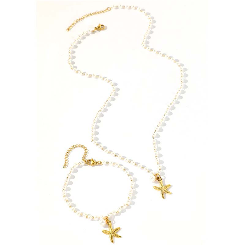 Stainless Steel Shell Starfish Pearl Pendant Necklace Set For Women Fashion Gold Color Clavicle Chain Waterproof Jewelry Gifts