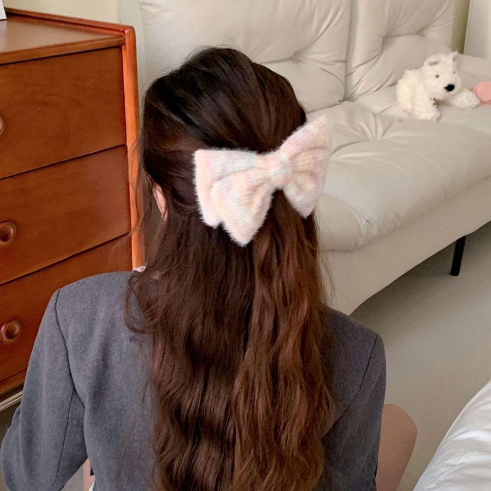 Cream gradual change color plush bow hairpin sweet and cute back head half tied spring clip hairpin simple hair accessories
