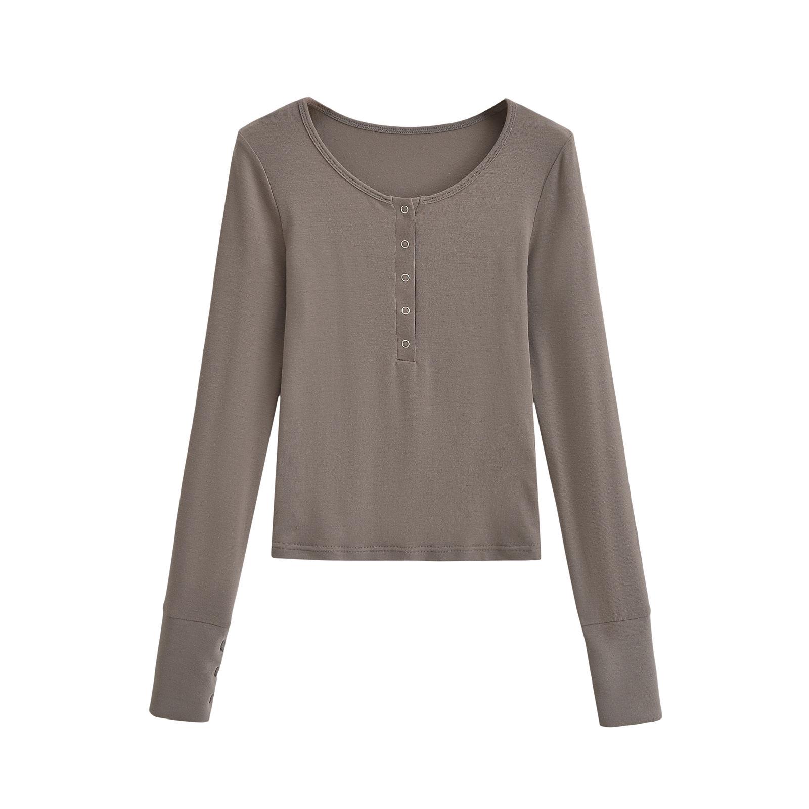 

Женская Пикантная Американская Осенняя Блузка с Колокольчиками и Пуговицами: Круглый вырез, Облегающий крой, Длинный рукав. Medium