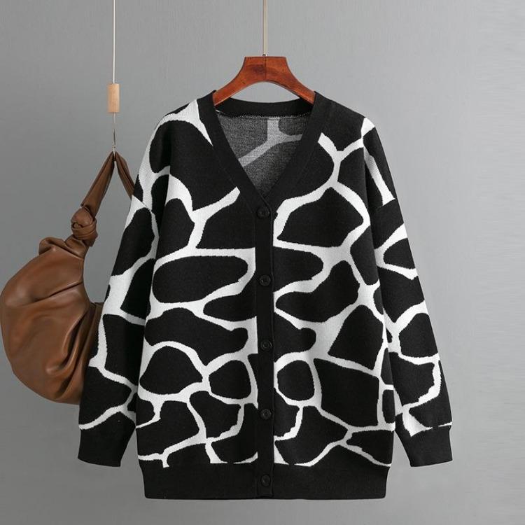 Autumn Winter Women Jacquard Sweater Loose Knit Coat V Neck Long Patterned