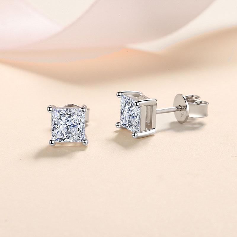 KNOBSPIN D Princess Cut Moissanite Earring S925 Sliver Plated with White Gold Earrings for Women Fine Jewelry