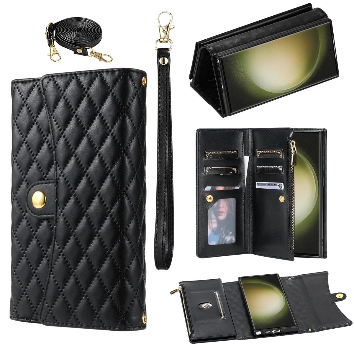 

Crossbody Leather Case For Samsung Galaxy S26 + S24 S25 Ultra S23 FE S22 S21 S20 Plus Note 20 10 + Lanyard Card Wallet Cover For Galaxy S26 чорний