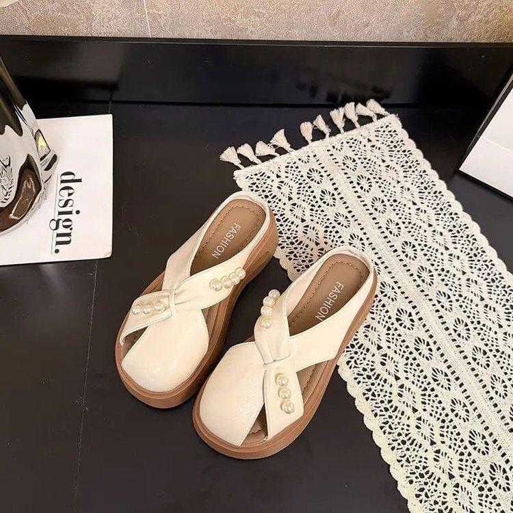 Baotou Slippers Women's 2025 New Summer Pearl Fashion Thick Bottom Heightening Design Sense One Pedal Lazy Cool Slippers