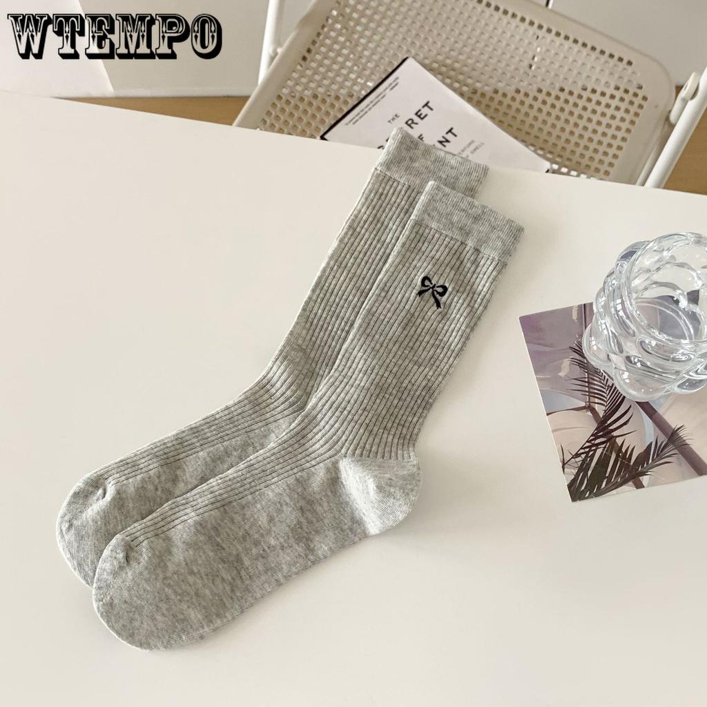 5pcs White Bow Socks Women Ballet Style Mid-calf Socks Summer Thin Stockings Cotton Stacked Socks