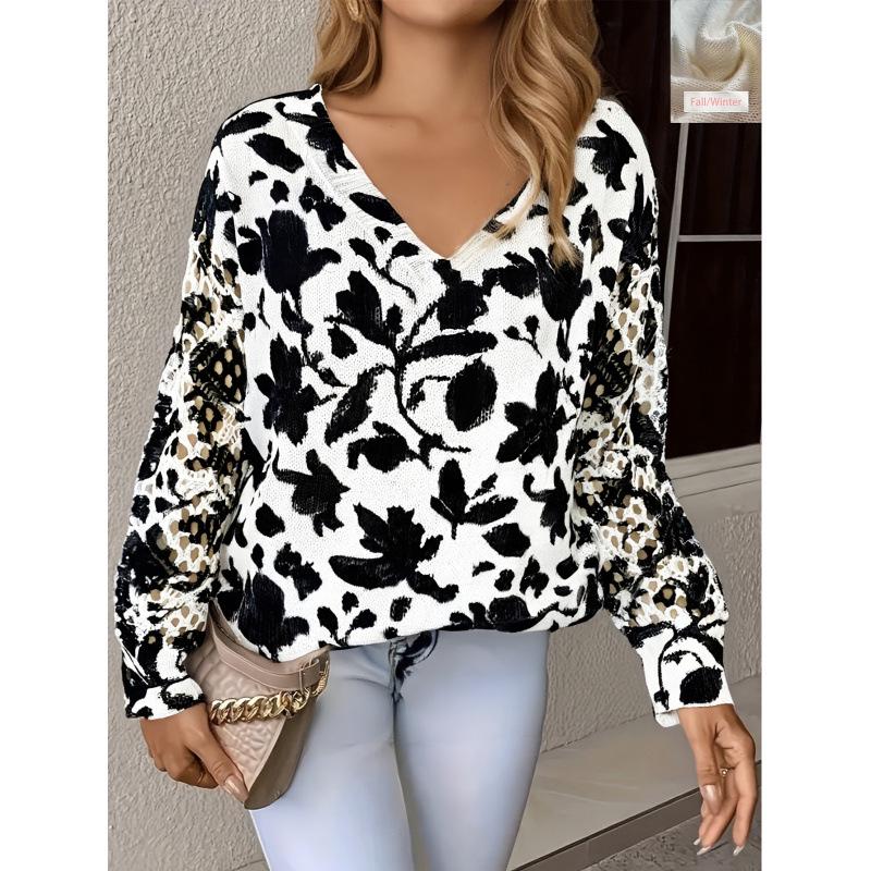 Bohemian Floral V-neck Sweater - Elegant, Long Sleeve Pullover Top