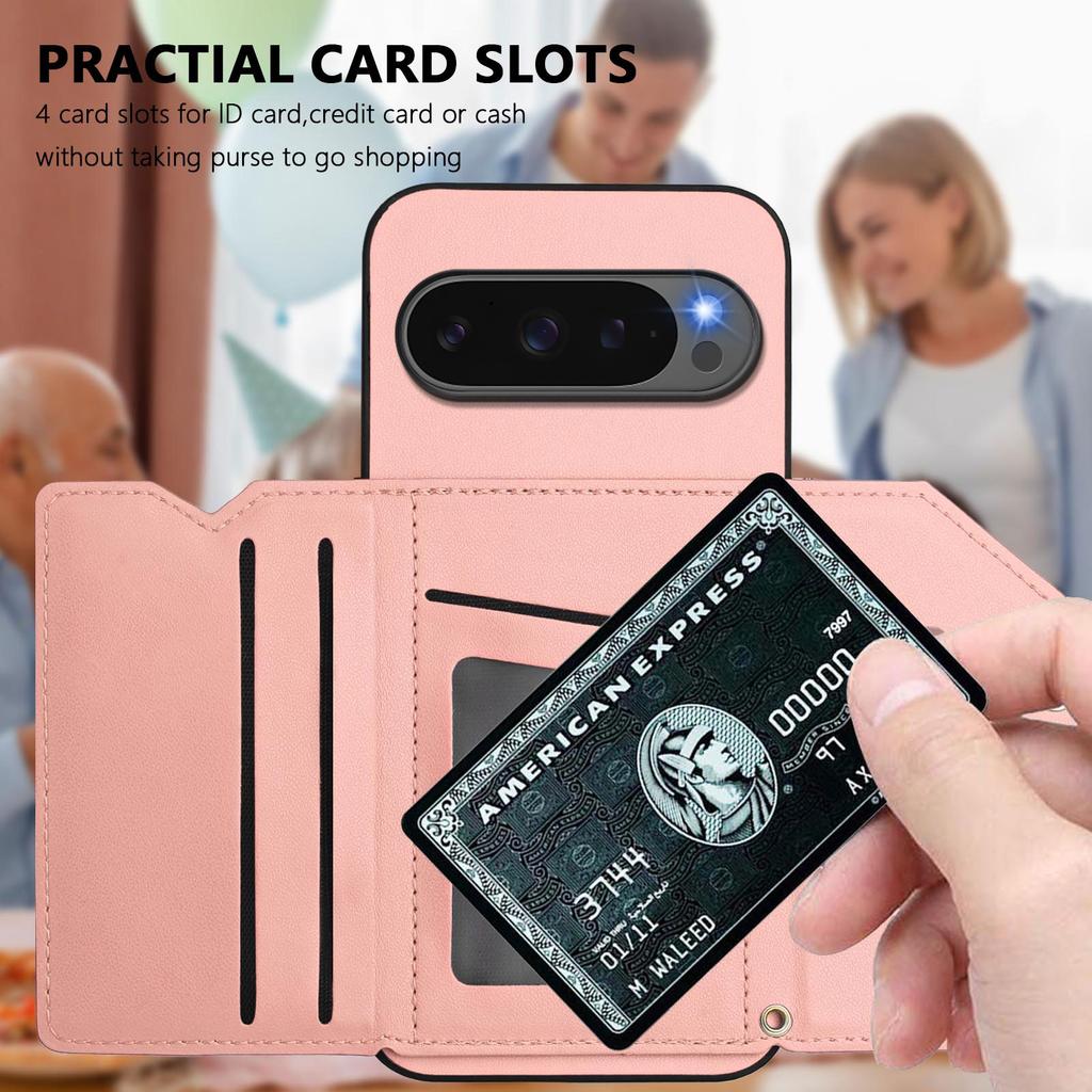 For Google Pixel 10 Pro XL Case Card Holder Kickstand Skin-Touch Phone Cover with Wrist Strap