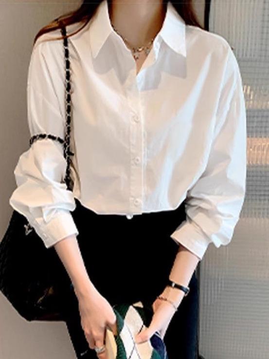 Women's White Long Sleeve Versatile Retro Work Shirt