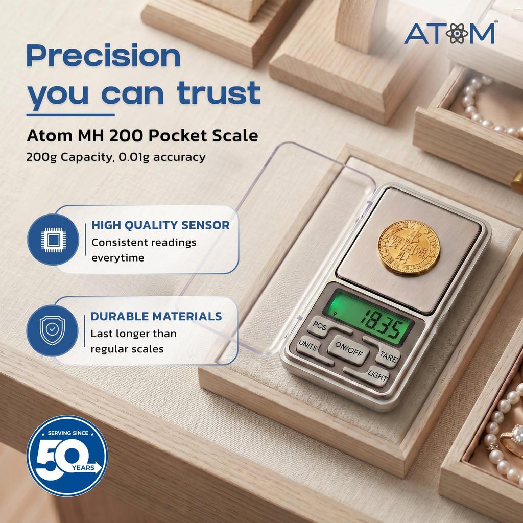 ATOM A 100 Series Digital Pocket Weighing Scale, 200g Capacity with 0.01g Precision | Auto Calibration & Tare Function | Jewellery, Kitchen, Lab Us