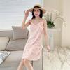 Summer new pajamas women's ice and snow silk thin suspender swing collar pure desire pajamas printed medium and long skirts