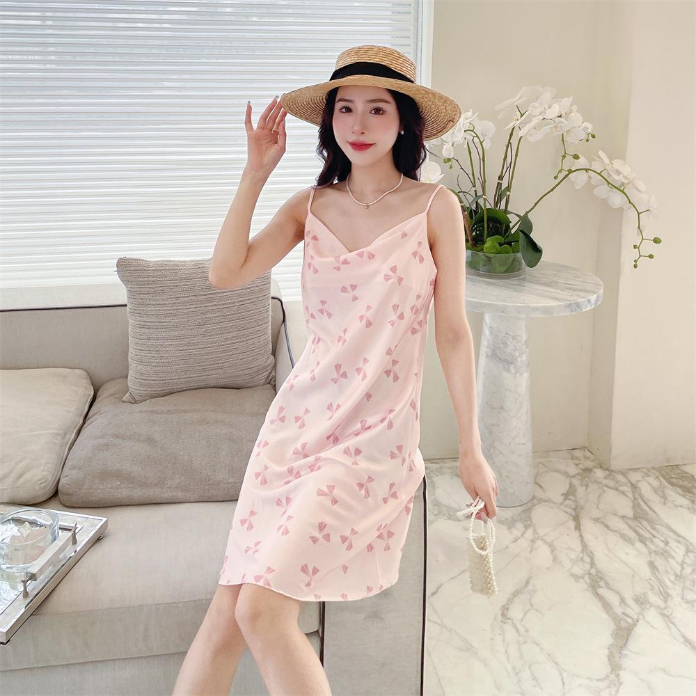 Summer new pajamas women's ice and snow silk thin suspender swing collar pure desire pajamas printed medium and long skirts