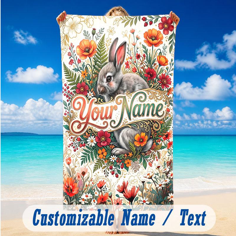 Easter Bunny Theme Beach Towel Personalized Custom Name & Text Soft Quick Dry Beach Towel for Swimming Travel