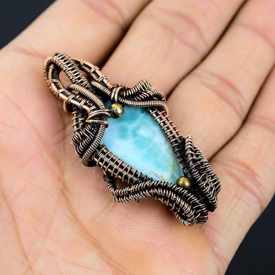 Bellissimo Pietra Larimar Filo di Rame Avvolto a Mano Ciondolo Gioiello Regalo Per Amore
