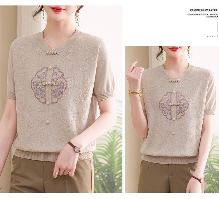 Mom's Stylish 2026 Summer Ice Silk Short-Sleeve Top - Chinese Style Knit T-Shirt for Middle-Aged & Elderly Women