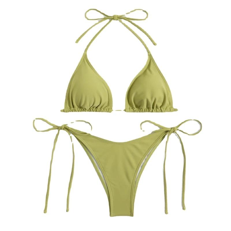 Sexig Kvinnor Thong Enfärgad Bikini Set Sido Halter Knytband Baddräkt Dam Split Strap Justerbar Brasiliansk Badkläder Strandkläder