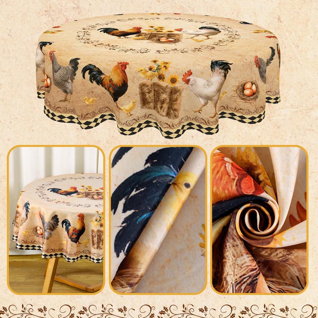 1pc Rooster Table Cover Rustic Chicken Sunflower Design Round Polyester Tablecloth for Farmhouse Kitchen Table Decorations