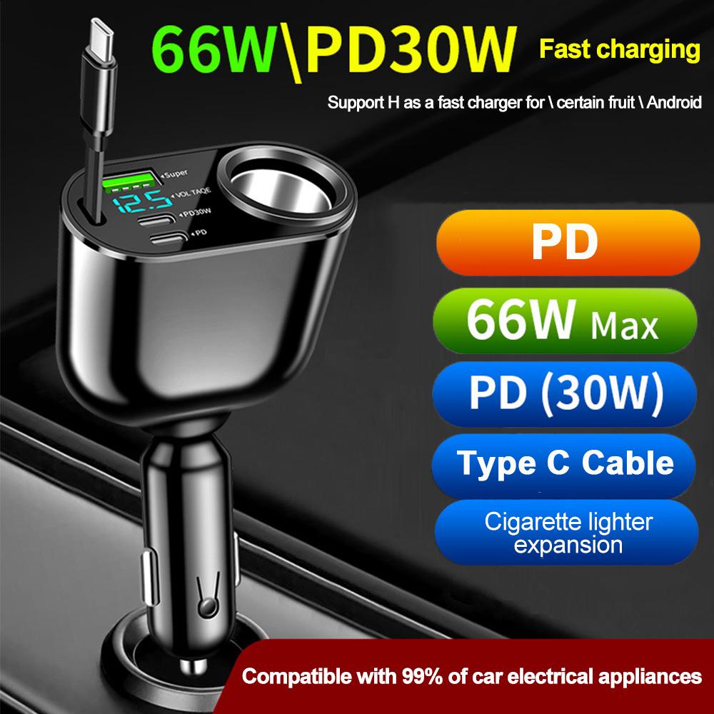 66W QC3.0 PD Car Cigarette Lighter Adapter with Type C Fast Charging Cable 12V-24V Car Charger for iPhone Samsung Xiaomi