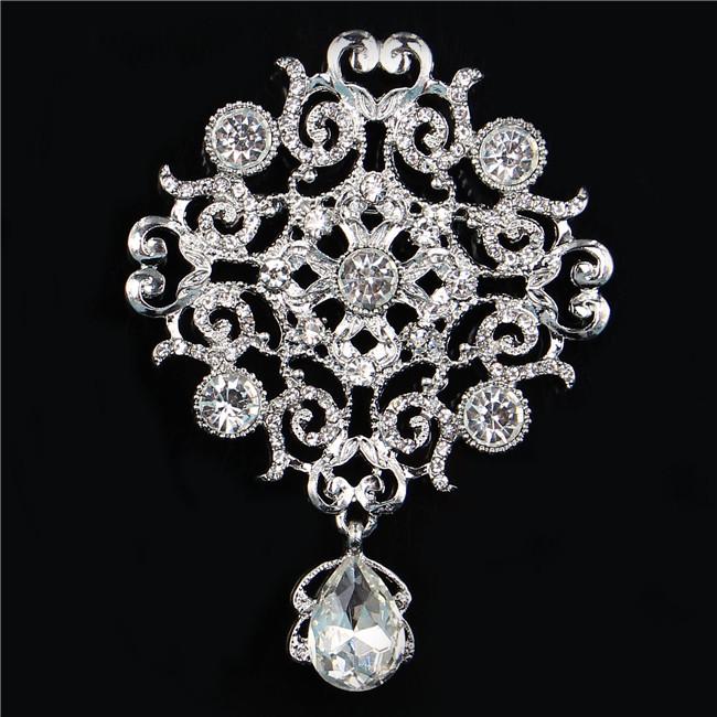 DIEZI Luxury Gold Silver Color Crystal Flower Bridal Brooches for Wedding Women Party Rhinestone Bouquet Water Drop Brooch Pins