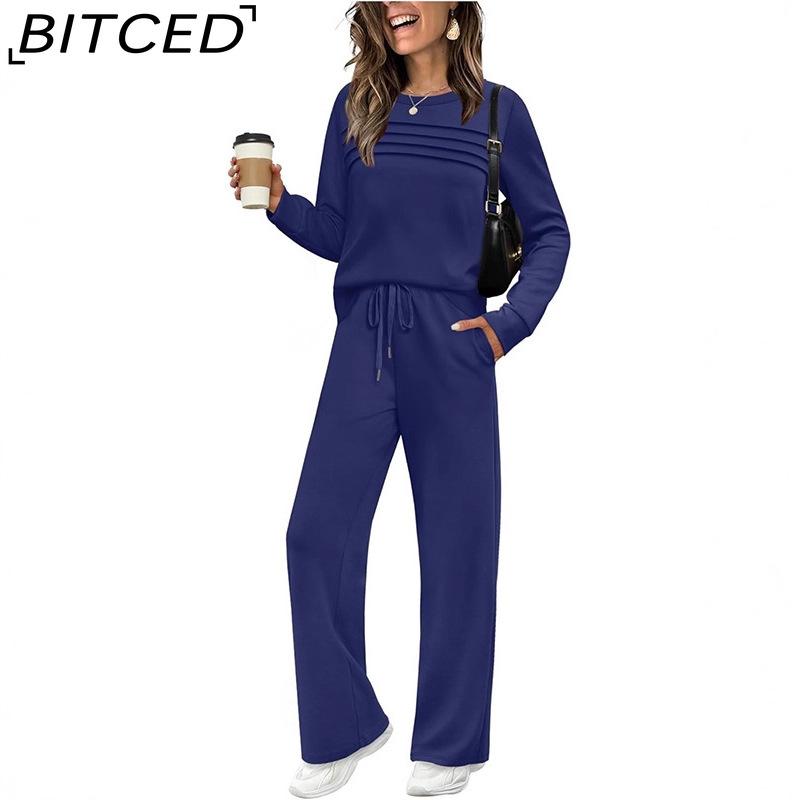 Autumn Ladies' Set: Long-Sleeved O-Neck Sweatshirt with Casual Elasticated Waist Trousers and Wide-Leg Pants