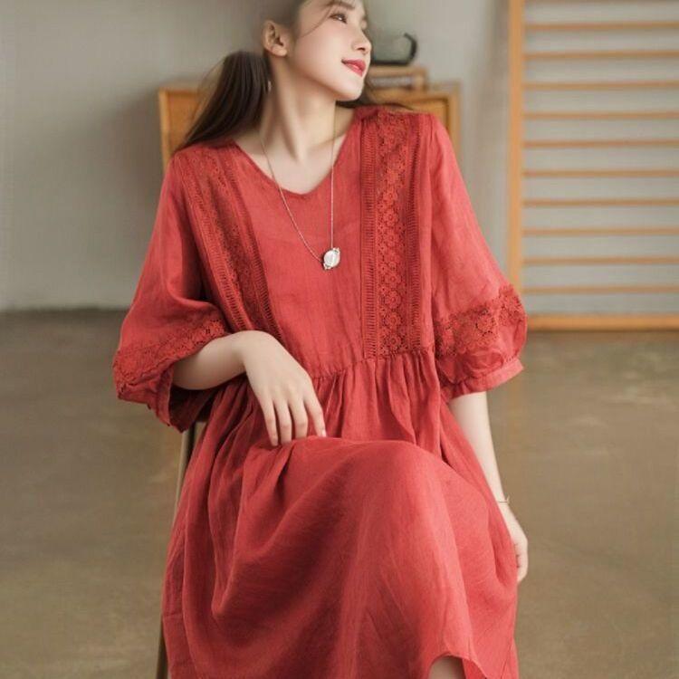 High-End V-Neck Three-Quarter Sleeve Mid-Length Loose Flared Dress for Women
