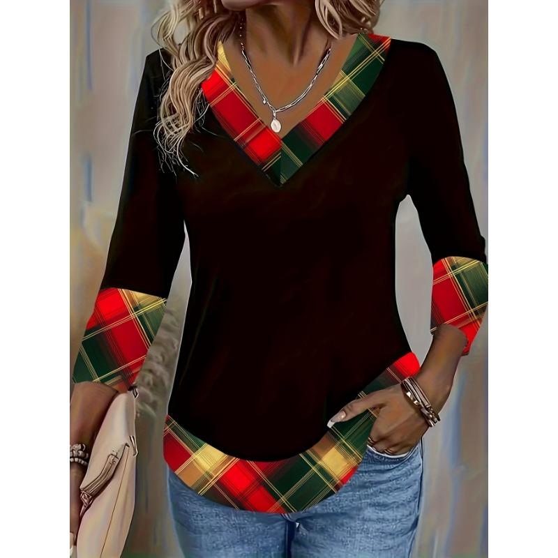 Women s V-Neck Patchwork Irregular Plaid Print Elegant Three-Quarter Sleeve T-Shirt S
