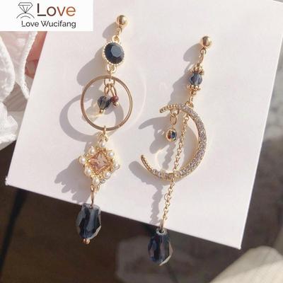 Sweet Shiny Crystal Geometric Circular Drop Earrings Long Asymmetric Fine Moon Modelling Fashion Women Earrings