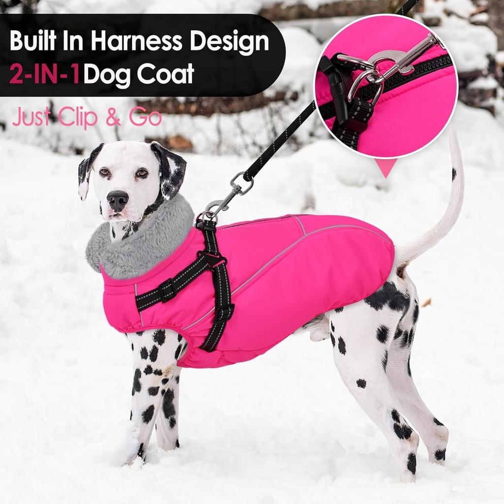 AOFITEE Dog Jacket with Harness Built in, Waterproof Dog Coat for Small Dogs, Warm Fleece Pet Puffer Vest with Zipper on Back & Furry Collar,