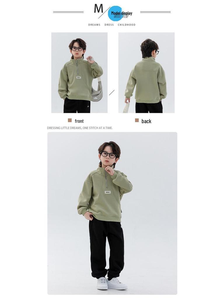 Boys' Fleece-Lined Half-Zip Sweatshirt: Trendy, Warm, Long-Sleeved Top for Autumn/Winter 2025