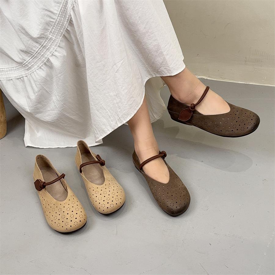 Johnature Breathable Genuine Leather Soft Soled Women's Shoes Summer New Retro Hollow-out Flat Sandals