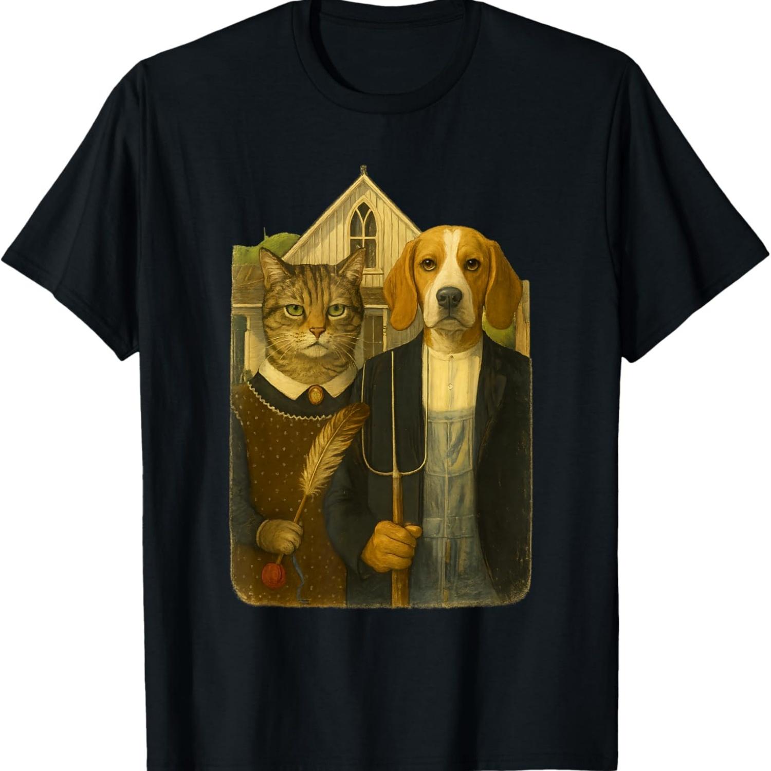 American Gothic Cat and Dog Funny Grant Wood s Painting Meme Men Women Kids T-Shirt S