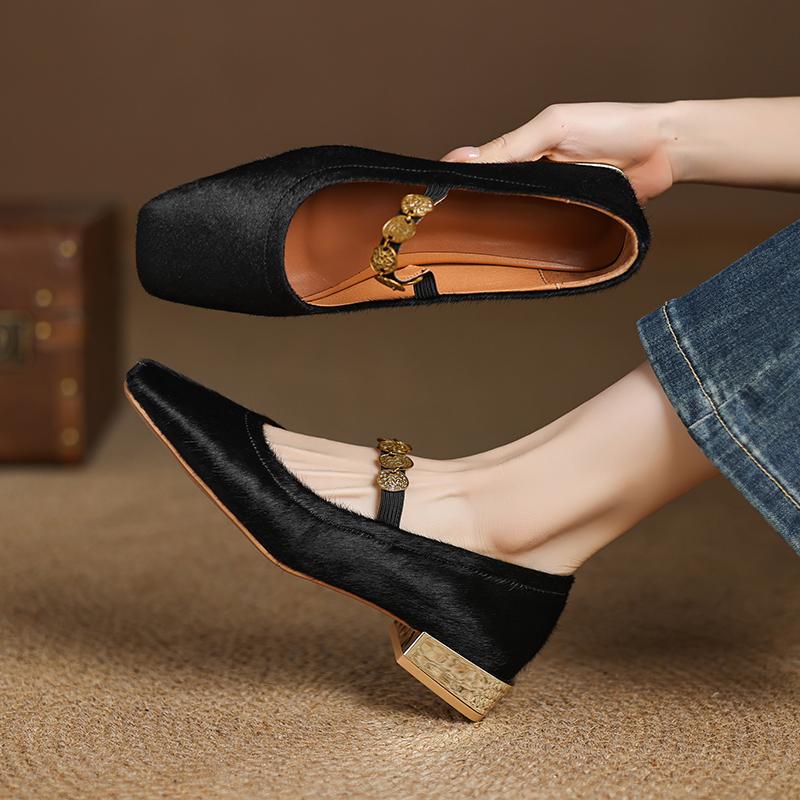 Fashion 2025 Spring Women Pumps Square Toe Low Heel Horsehair Women Shoes Leopord Shallow Button Mary Janes Ladies Shoes